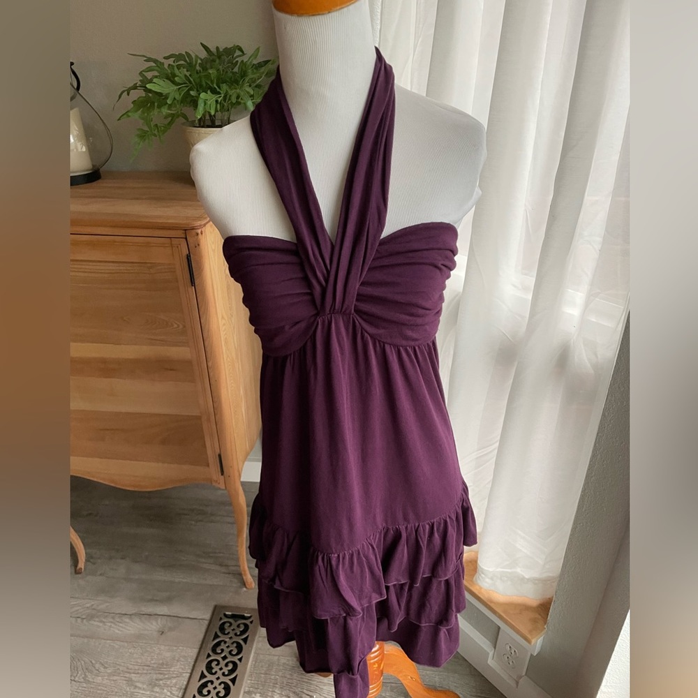 NWT! Aubergine/Eggplant Express Loop Neck Dress with Ruffle Hem- Size Small